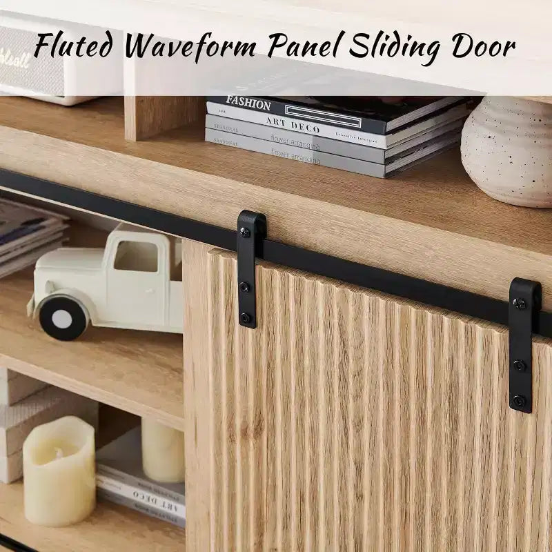 TV Stand for 80inch TVs with Sliding Door, Adjustable Shelf & Storage, 32inch Tall Modern Media Console for Living Room