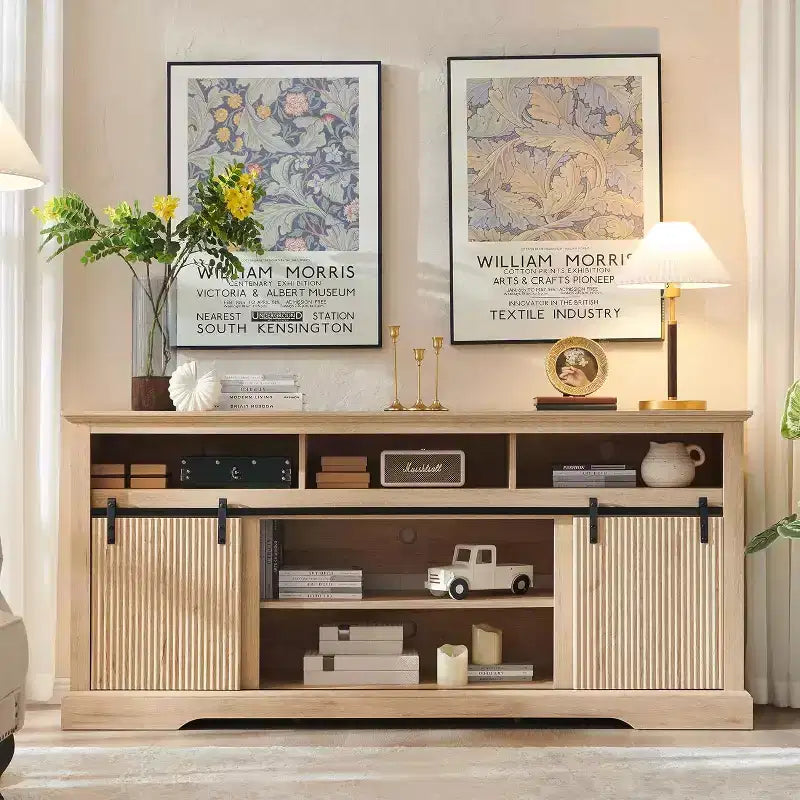 TV Stand for 80inch TVs with Sliding Door, Adjustable Shelf & Storage, 32inch Tall Modern Media Console for Living Room
