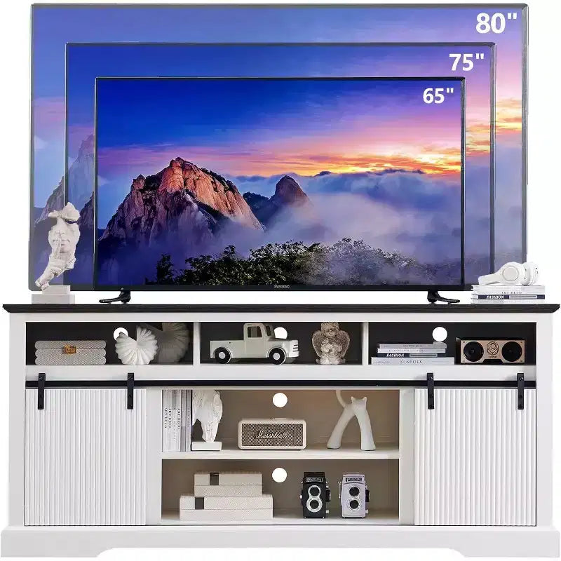 TV Stand for 80inch TVs with Sliding Door, Adjustable Shelf & Storage, 32inch Tall Modern Media Console for Living Room