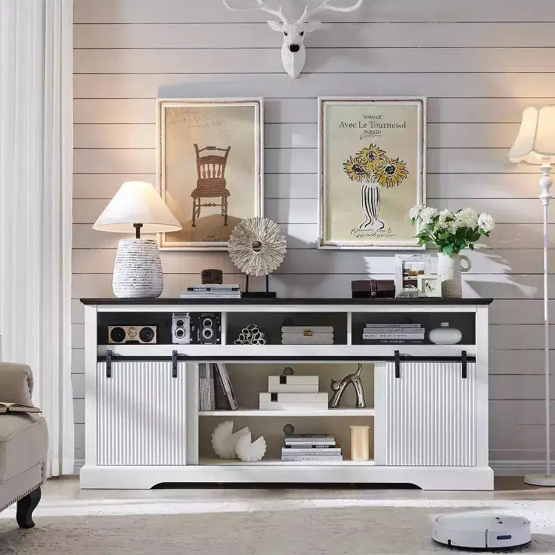 TV Stand for 80inch TVs with Sliding Door, Adjustable Shelf & Storage, 32inch Tall Modern Media Console for Living Room