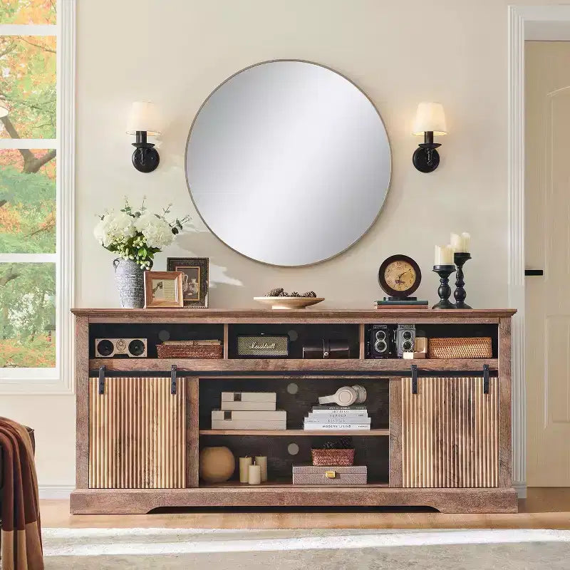 TV Stand for 80inch TVs with Sliding Door, Adjustable Shelf & Storage, 32inch Tall Modern Media Console for Living Room