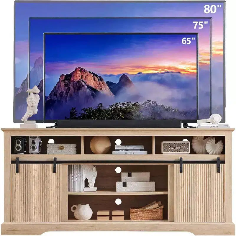 TV Stand for 80inch TVs with Sliding Door, Adjustable Shelf & Storage, 32inch Tall Modern Media Console for Living Room