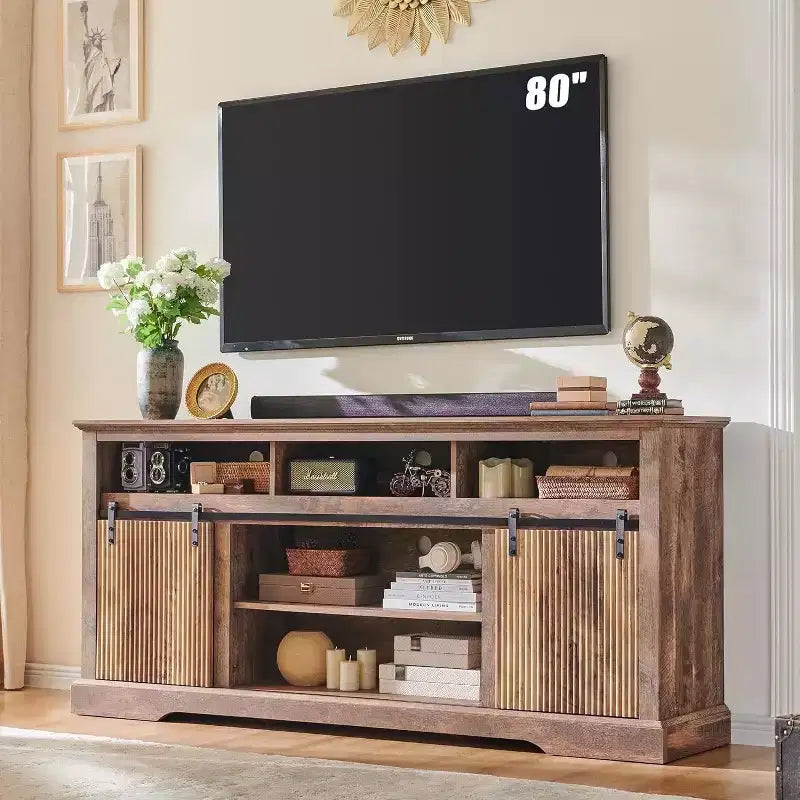TV Stand for 80inch TVs with Sliding Door, Adjustable Shelf & Storage, 32inch Tall Modern Media Console for Living Room