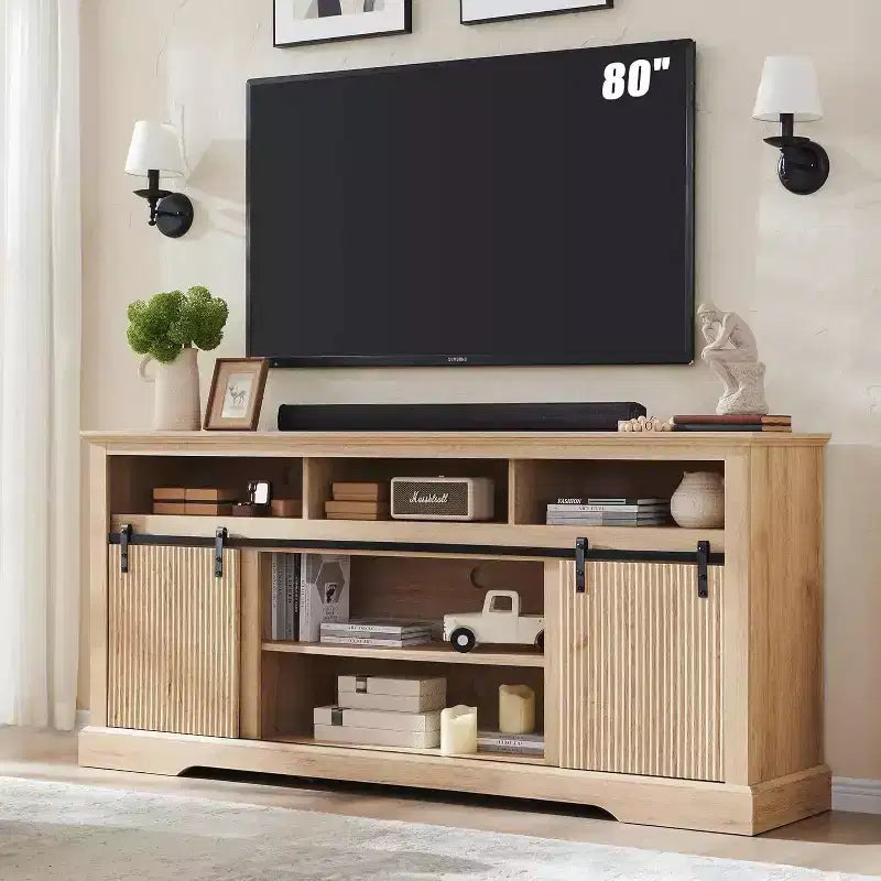 TV Stand for 80inch TVs with Sliding Door, Adjustable Shelf & Storage, 32inch Tall Modern Media Console for Living Room