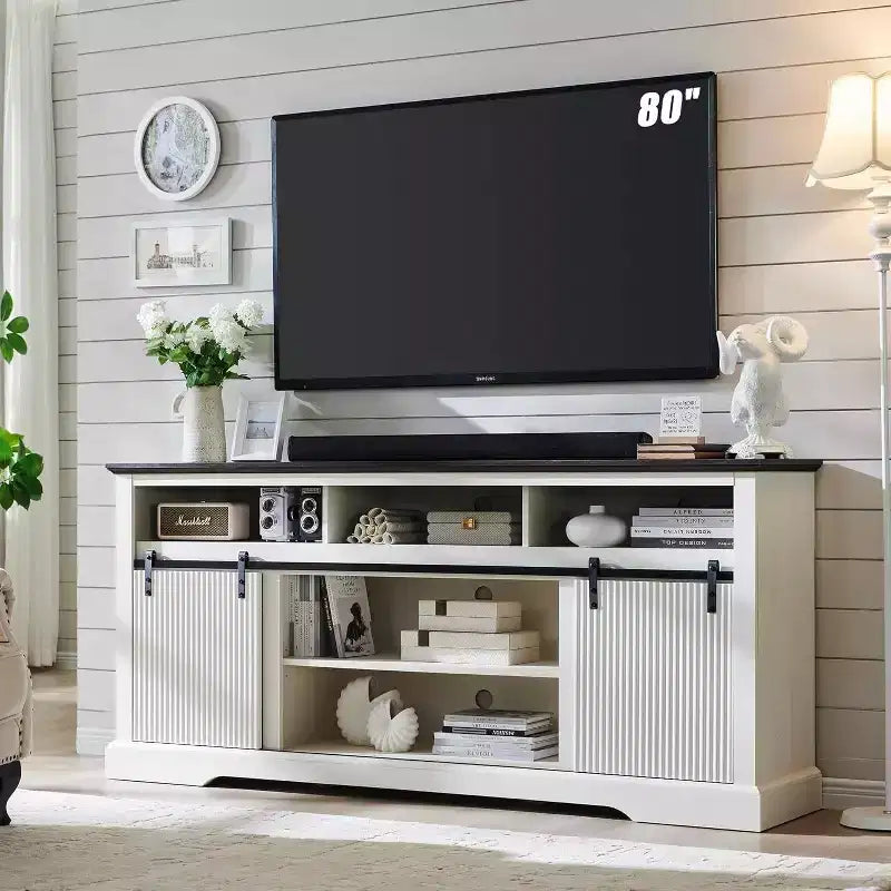 Mastgoal TV Stand for 80inch TVs with Sliding Door, Adjustable Shelf & Storage, 32inch Tall Modern Media Console for Living Room