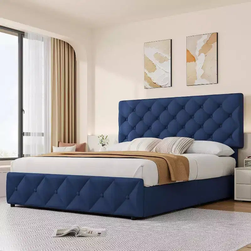 Bed Frame with Storage Drawers, Adjustable Linen Headboard, Upholstered Platform with Wooden Slats, Tufted Design, No Box Spring Needed