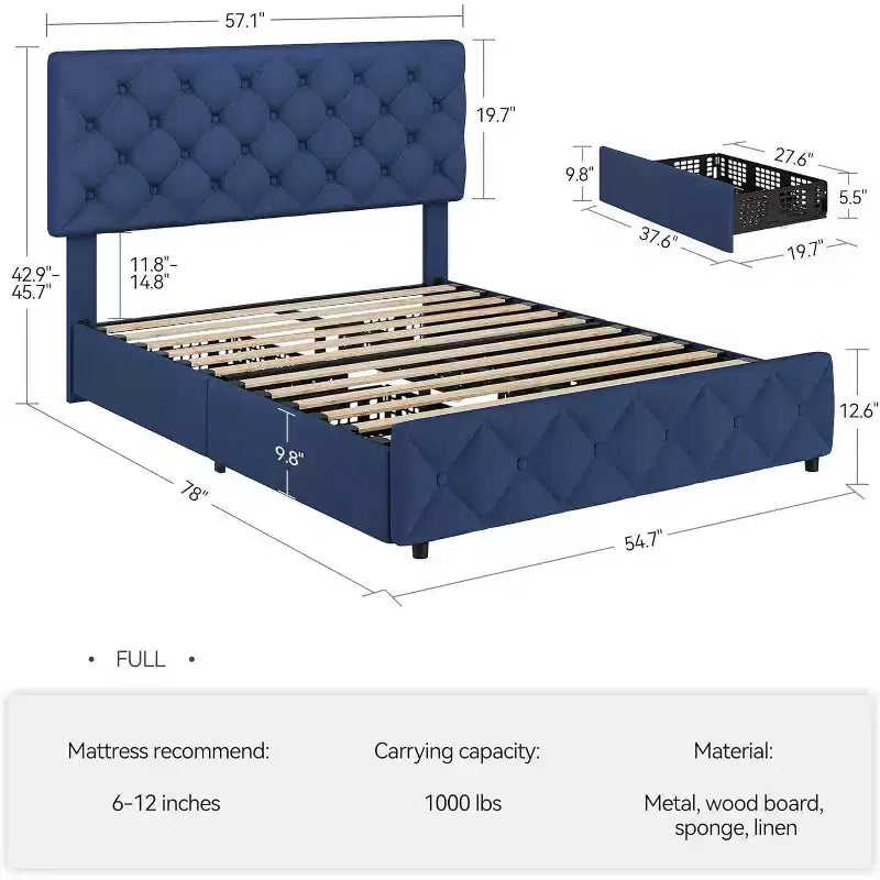 Bed Frame with Storage Drawers, Adjustable Linen Headboard, Upholstered Platform with Wooden Slats, Tufted Design, No Box Spring Needed
