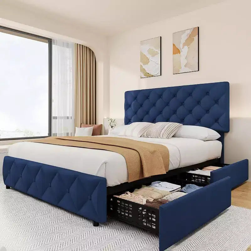 Bed Frame with Storage Drawers, Adjustable Linen Headboard, Upholstered Platform with Wooden Slats, Tufted Design, No Box Spring Needed