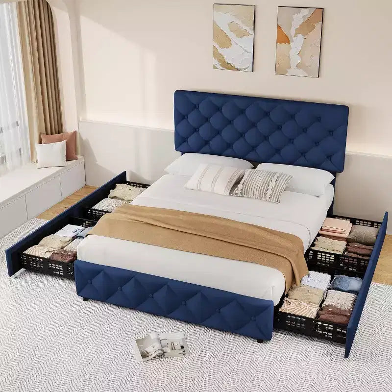 Bed Frame with Storage Drawers, Adjustable Linen Headboard, Upholstered Platform with Wooden Slats, Tufted Design, No Box Spring Needed