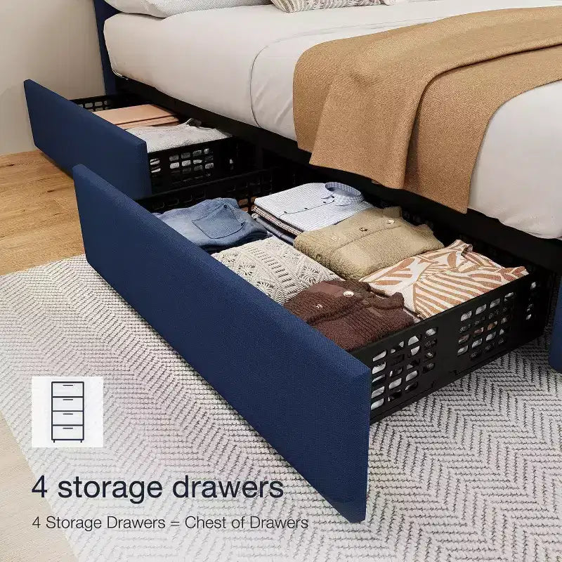 Bed Frame with Storage Drawers, Adjustable Linen Headboard, Upholstered Platform with Wooden Slats, Tufted Design, No Box Spring Needed