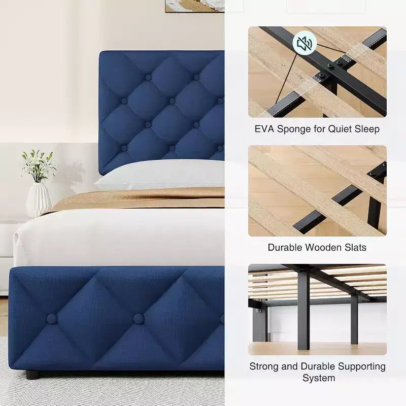 Bed Frame with Storage Drawers, Adjustable Linen Headboard, Upholstered Platform with Wooden Slats, Tufted Design, No Box Spring Needed