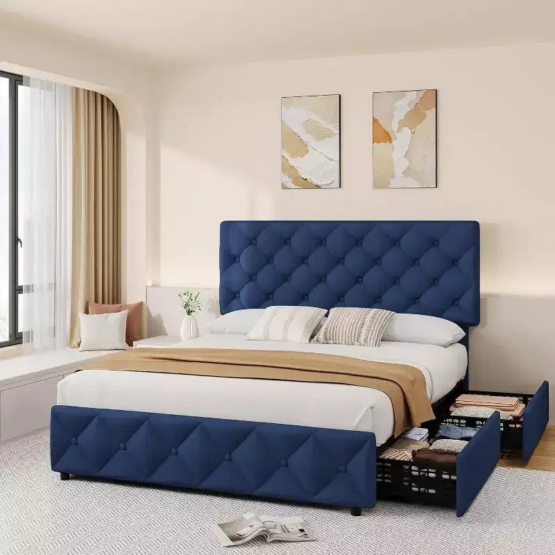 Bed Frame with Storage Drawers, Adjustable Linen Headboard, Upholstered Platform with Wooden Slats, Tufted Design, No Box Spring Needed