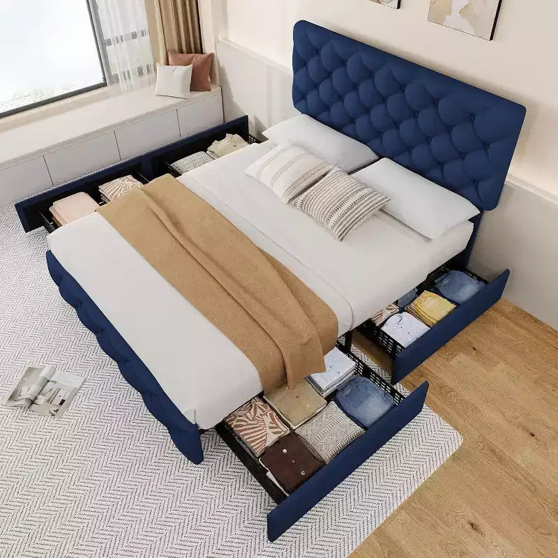 Bed Frame with Storage Drawers, Adjustable Linen Headboard, Upholstered Platform with Wooden Slats, Tufted Design, No Box Spring Needed
