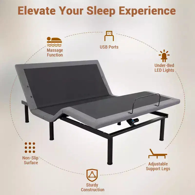 Adjustable Bed Frame With Massage, Twin XL Adjustable Bed Base With 1 USB Port & Under-Bed Night Light, Head & Foot Incline