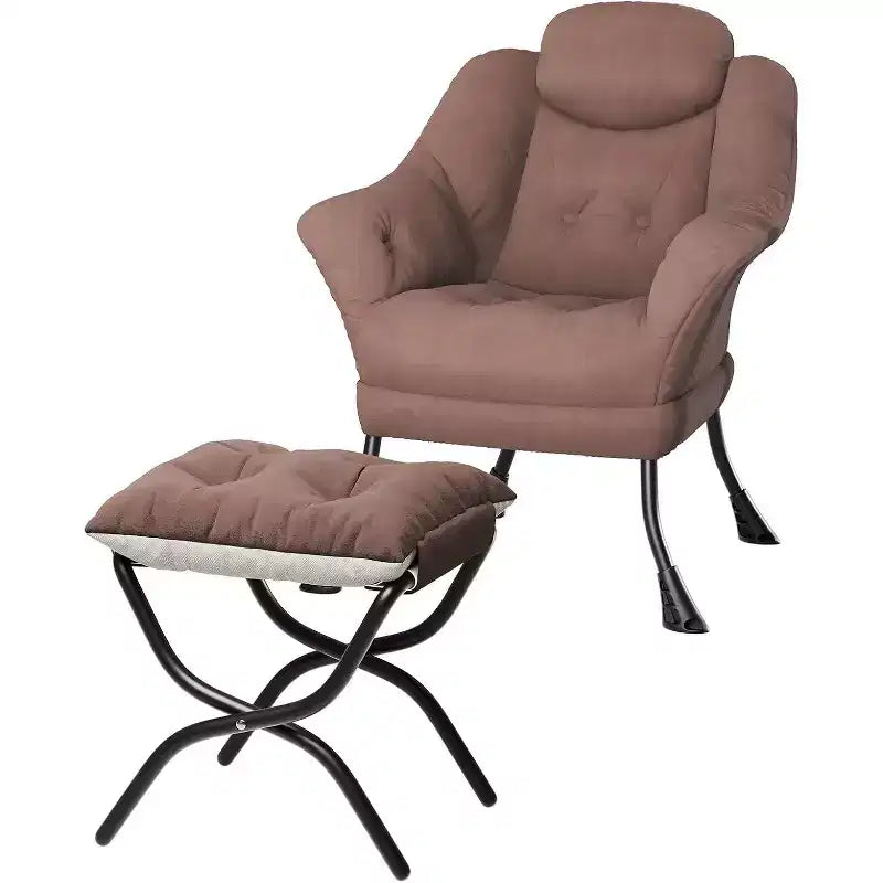 Comfy Velvet Accent Armchair for Adults, Ergonomic Reading Lounge Chair with Padded Armrests, Folding Footstool, Side Pocket, Pink, Grey