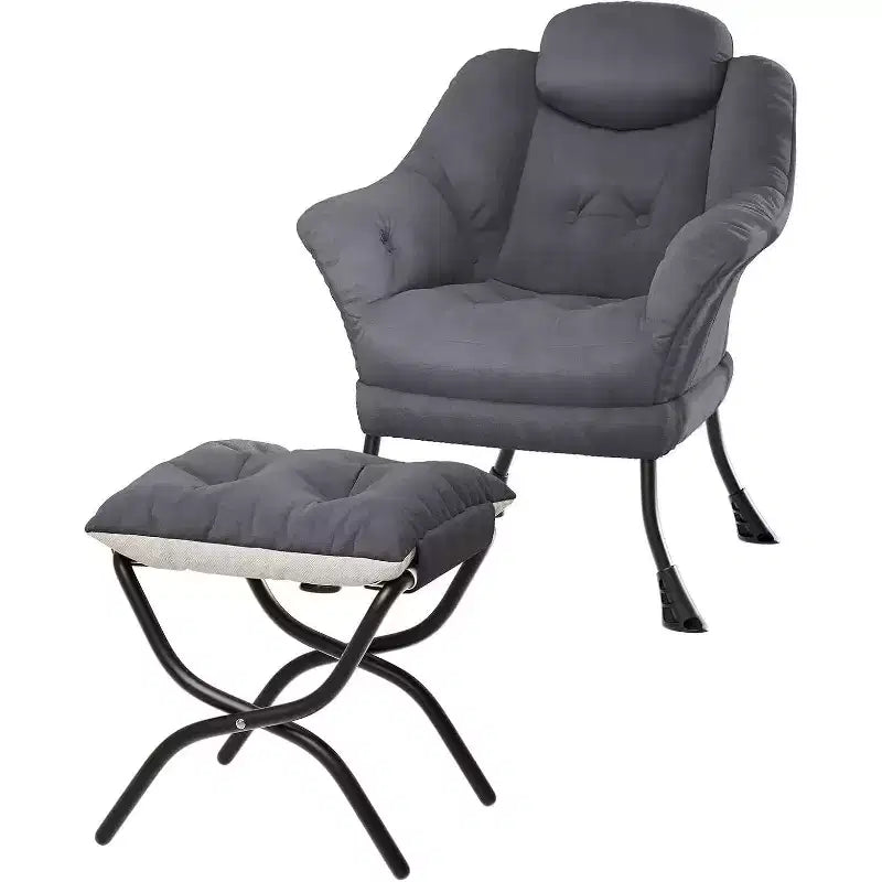 Comfy Velvet Accent Armchair for Adults, Ergonomic Reading Lounge Chair with Padded Armrests, Folding Footstool, Side Pocket, Pink, Grey