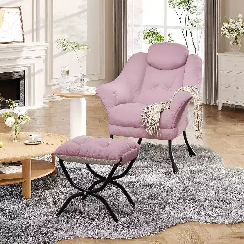 Comfy Velvet Accent Armchair for Adults, Ergonomic Reading Lounge Chair with Padded Armrests, Folding Footstool, Side Pocket, Pink, Grey