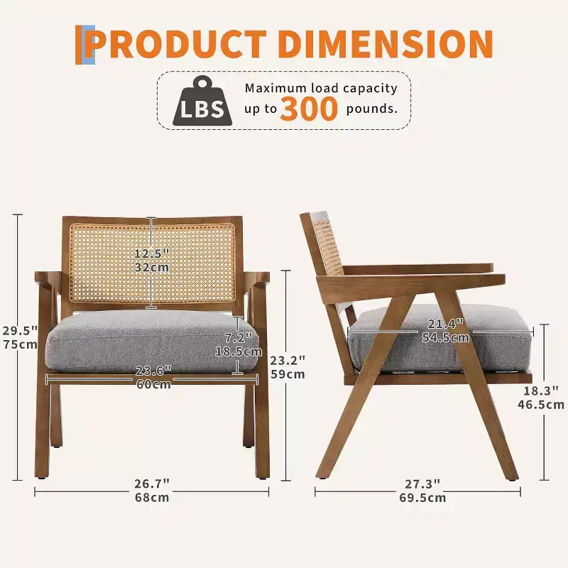 armchair, rattan back, wooden legs, thick cushions, living room bedroom balcony armchair, beige linen or teddy flannel