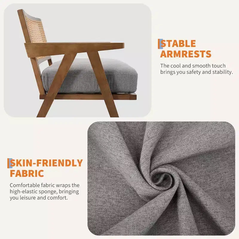 armchair, rattan back, wooden legs, thick cushions, living room bedroom balcony armchair, beige linen or teddy flannel