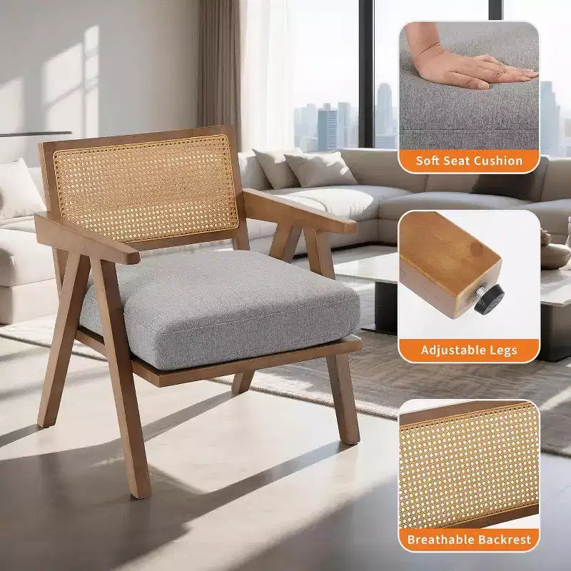 armchair, rattan back, wooden legs, thick cushions, living room bedroom balcony armchair, beige linen or teddy flannel