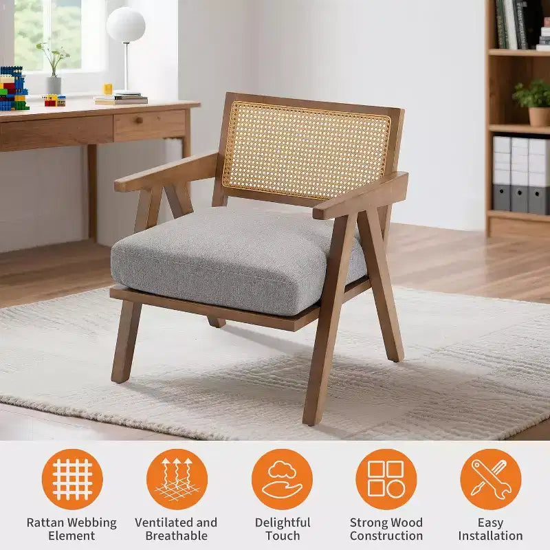armchair, rattan back, wooden legs, thick cushions, living room bedroom balcony armchair, beige linen or teddy flannel