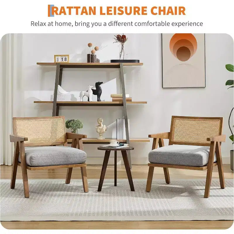 armchair, rattan back, wooden legs, thick cushions, living room bedroom balcony armchair, beige linen or teddy flannel