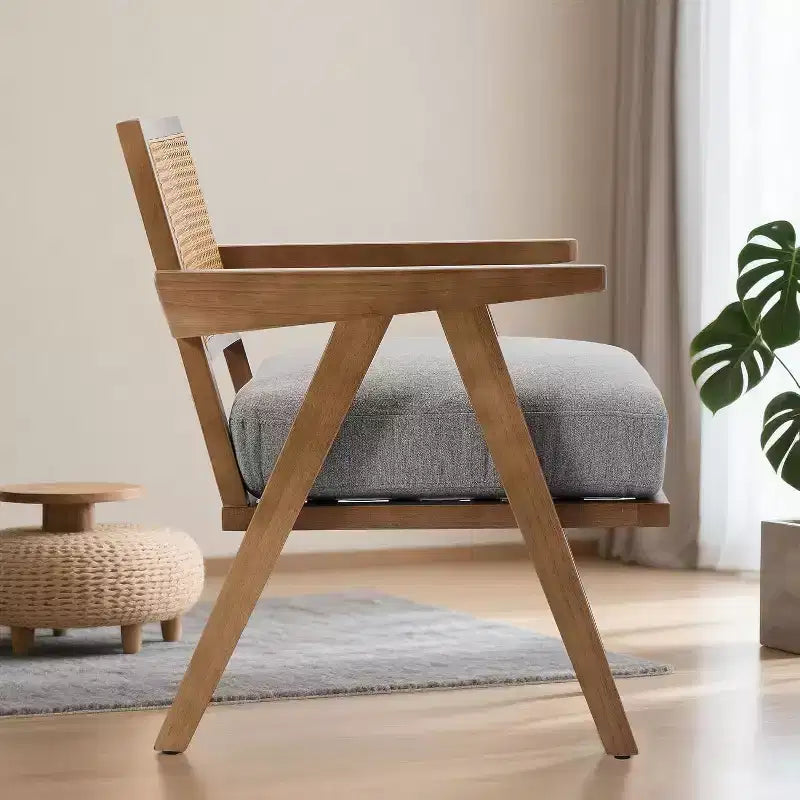 armchair, rattan back, wooden legs, thick cushions, living room bedroom balcony armchair, beige linen or teddy flannel