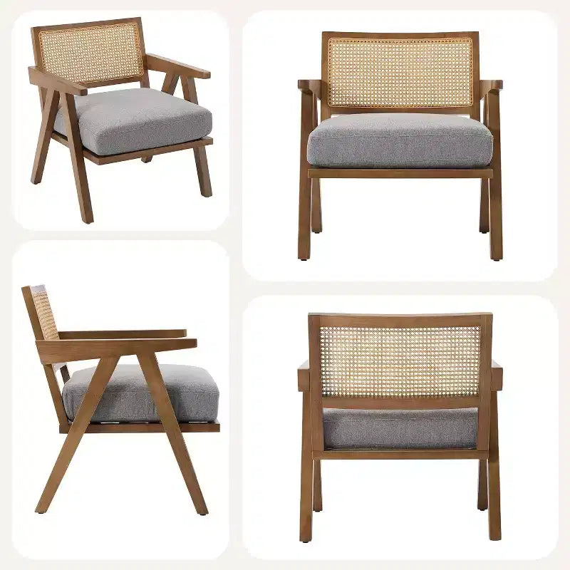 armchair, rattan back, wooden legs, thick cushions, living room bedroom balcony armchair, beige linen or teddy flannel