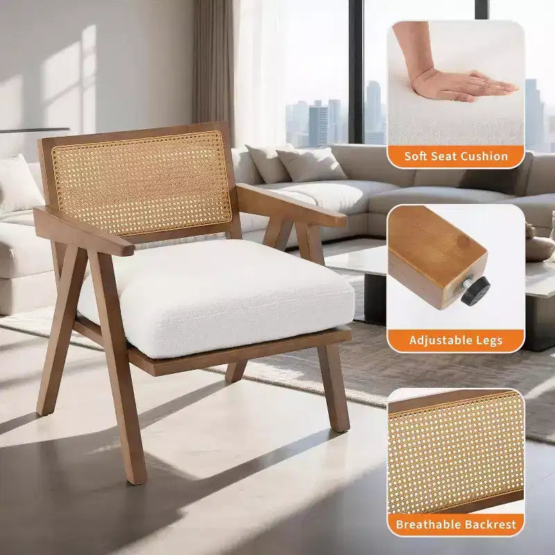 armchair, rattan back, wooden legs, thick cushions, living room bedroom balcony armchair, beige linen or teddy flannel