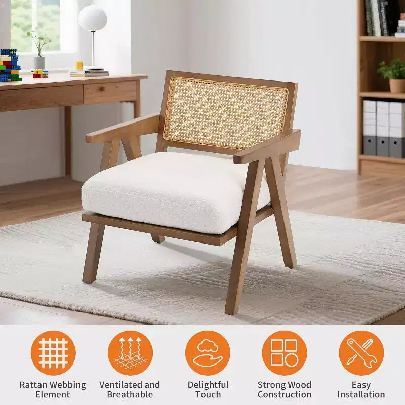 armchair, rattan back, wooden legs, thick cushions, living room bedroom balcony armchair, beige linen or teddy flannel