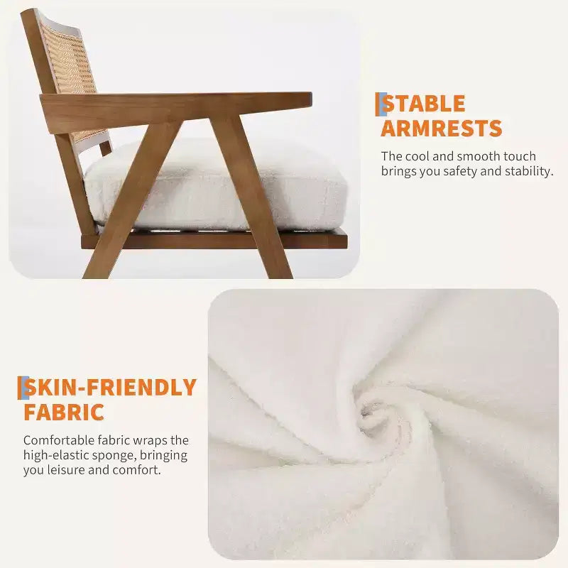 armchair, rattan back, wooden legs, thick cushions, living room bedroom balcony armchair, beige linen or teddy flannel
