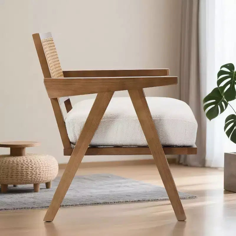 armchair, rattan back, wooden legs, thick cushions, living room bedroom balcony armchair, beige linen or teddy flannel