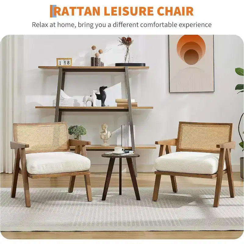 armchair, rattan back, wooden legs, thick cushions, living room bedroom balcony armchair, beige linen or teddy flannel