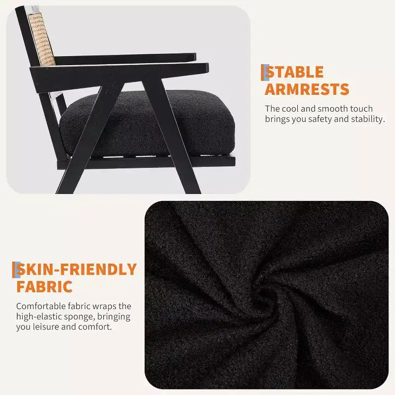 armchair, rattan back, wooden legs, thick cushions, living room bedroom balcony armchair, beige linen or teddy flannel
