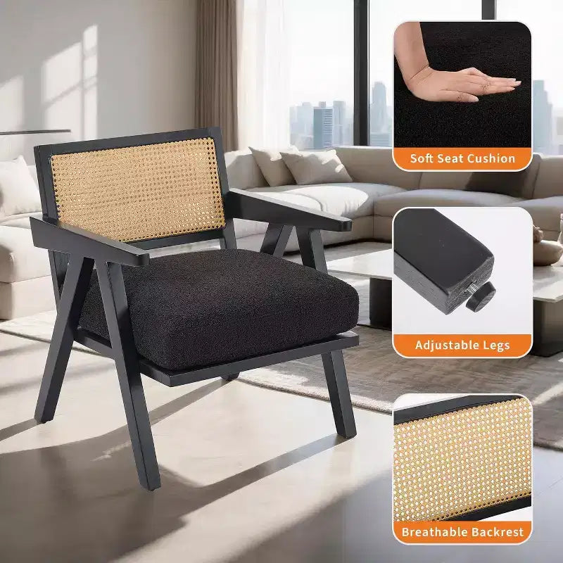 armchair, rattan back, wooden legs, thick cushions, living room bedroom balcony armchair, beige linen or teddy flannel