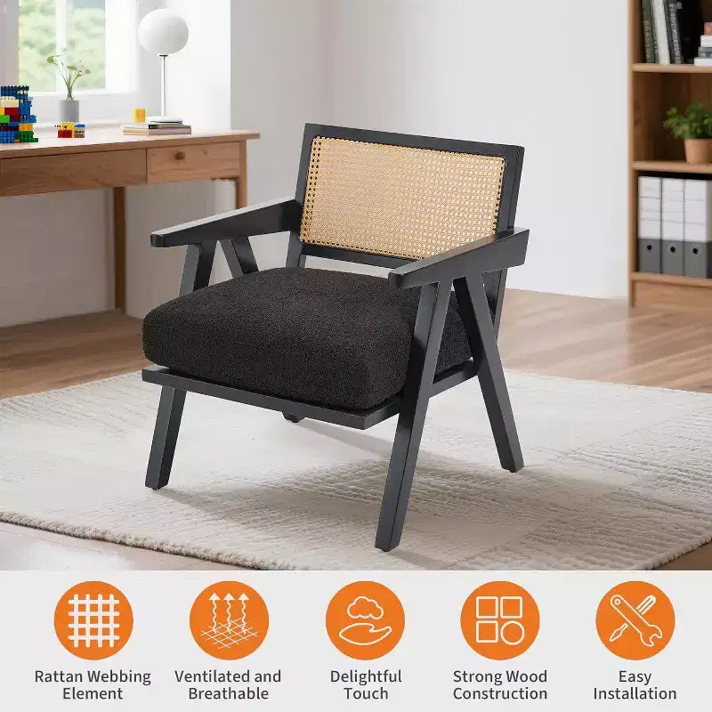 armchair, rattan back, wooden legs, thick cushions, living room bedroom balcony armchair, beige linen or teddy flannel