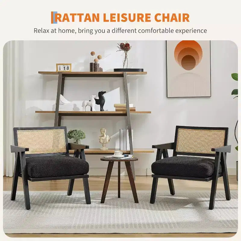 armchair, rattan back, wooden legs, thick cushions, living room bedroom balcony armchair, beige linen or teddy flannel