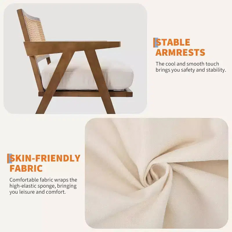 armchair, rattan back, wooden legs, thick cushions, living room bedroom balcony armchair, beige linen or teddy flannel