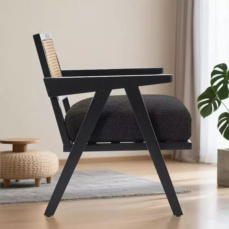 armchair, rattan back, wooden legs, thick cushions, living room bedroom balcony armchair, beige linen or teddy flannel