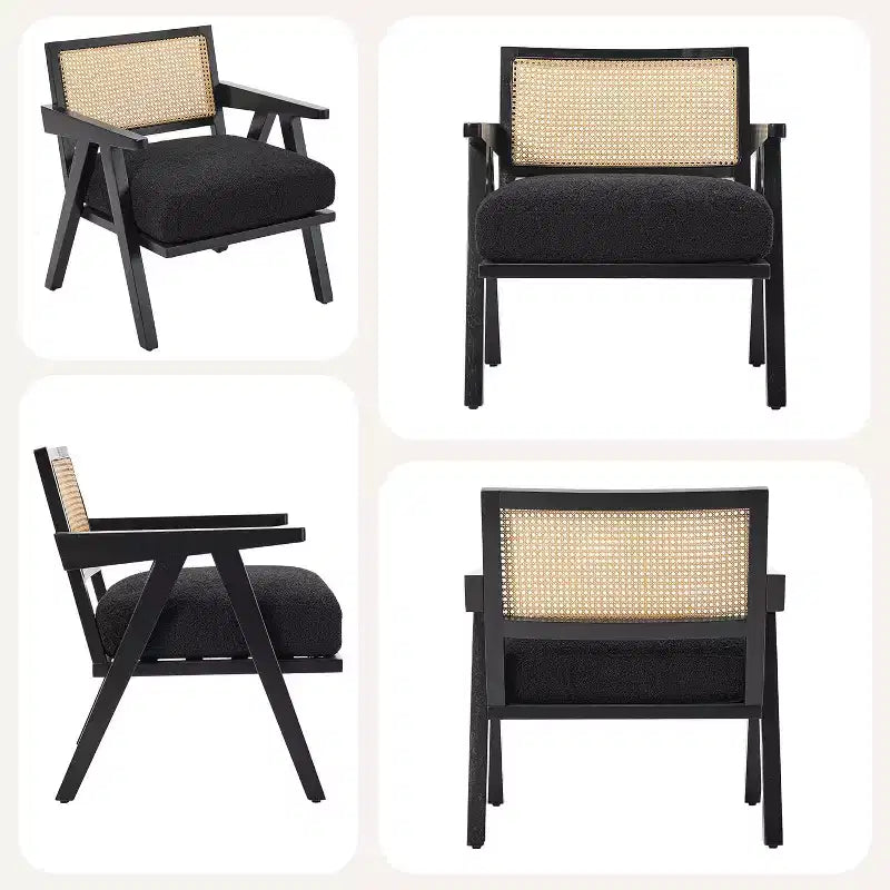 armchair, rattan back, wooden legs, thick cushions, living room bedroom balcony armchair, beige linen or teddy flannel