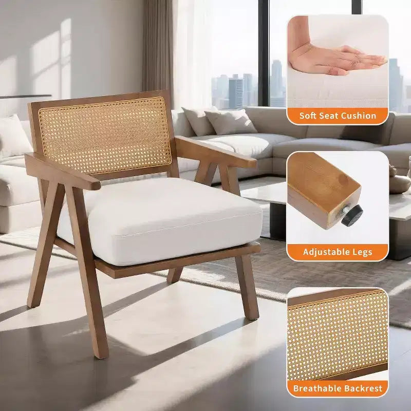 armchair, rattan back, wooden legs, thick cushions, living room bedroom balcony armchair, beige linen or teddy flannel