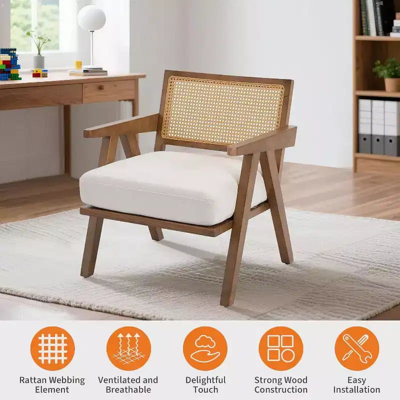 armchair, rattan back, wooden legs, thick cushions, living room bedroom balcony armchair, beige linen or teddy flannel