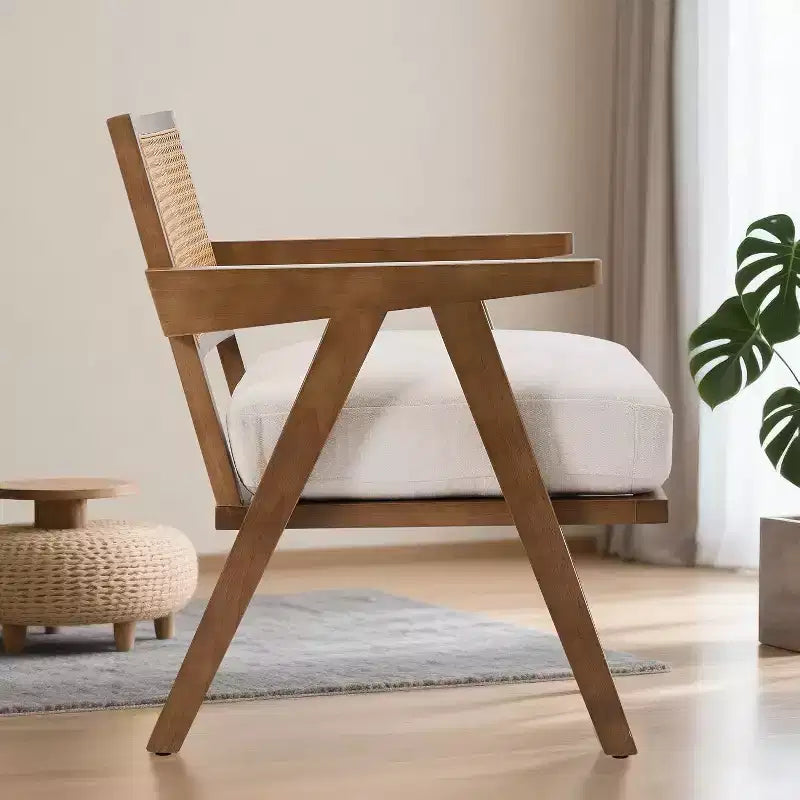 armchair, rattan back, wooden legs, thick cushions, living room bedroom balcony armchair, beige linen or teddy flannel