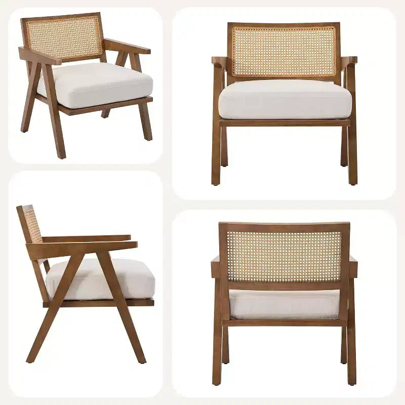 armchair, rattan back, wooden legs, thick cushions, living room bedroom balcony armchair, beige linen or teddy flannel