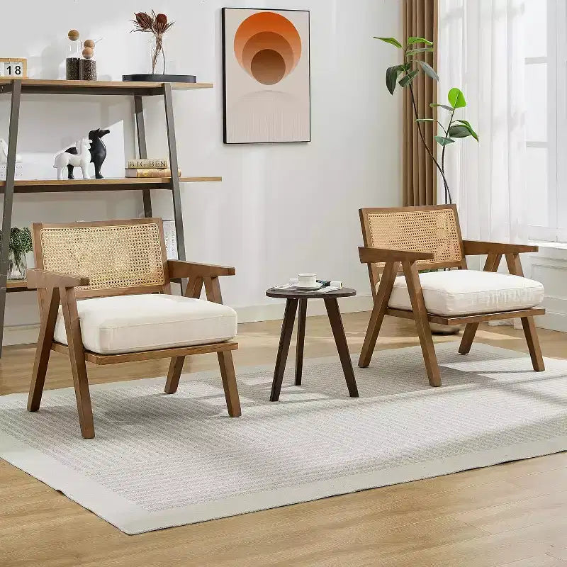 armchair, rattan back, wooden legs, thick cushions, living room bedroom balcony armchair, beige linen or teddy flannel