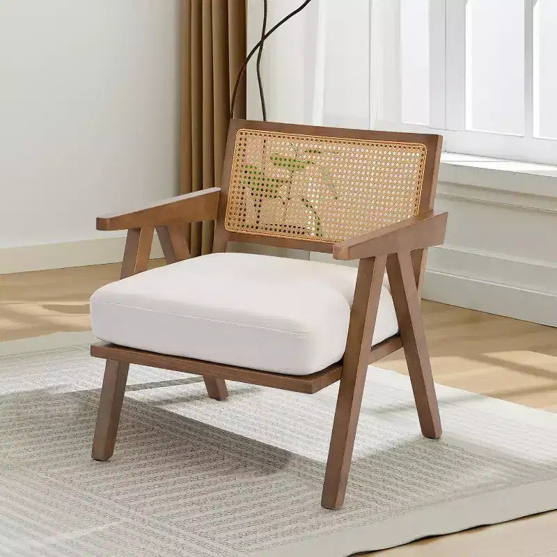 Acekool armchair, rattan back, wooden legs, thick cushions, living room bedroom balcony armchair, beige linen or teddy flannel