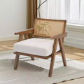 Acekool armchair, rattan back, wooden legs, thick cushions, living room bedroom balcony armchair, beige linen or teddy flannel