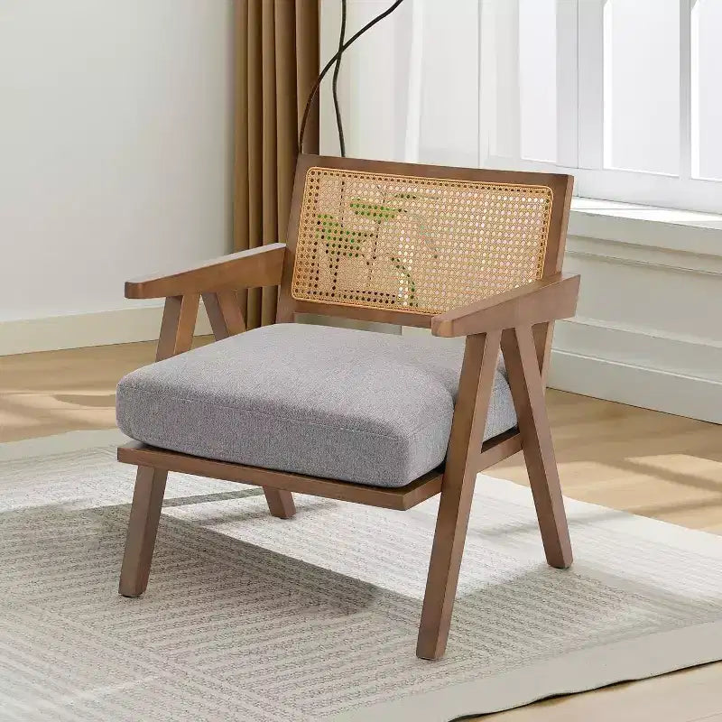 armchair, rattan back, wooden legs, thick cushions, living room bedroom balcony armchair, beige linen or teddy flannel