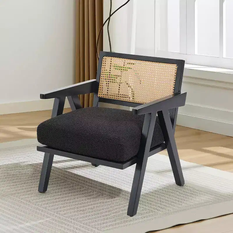 armchair, rattan back, wooden legs, thick cushions, living room bedroom balcony armchair, beige linen or teddy flannel