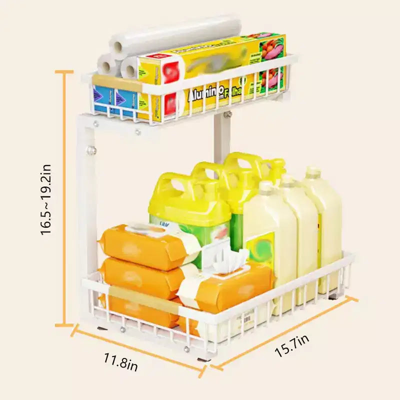 Under Sink Organizer,Metal Pull Out Cabinet Organizer Shelf,Kitchen Bathroom Organizers and Storage with 2 Sliding Drawer Spice